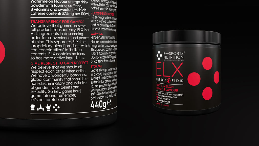A tub of E-Sports Nutrition ELX Energy Elixir (Watermelon Magic flavour flavour) energy formula showing a detail of the label that highlights E-Sports Nutritions Give Respect To Gain Respect statement