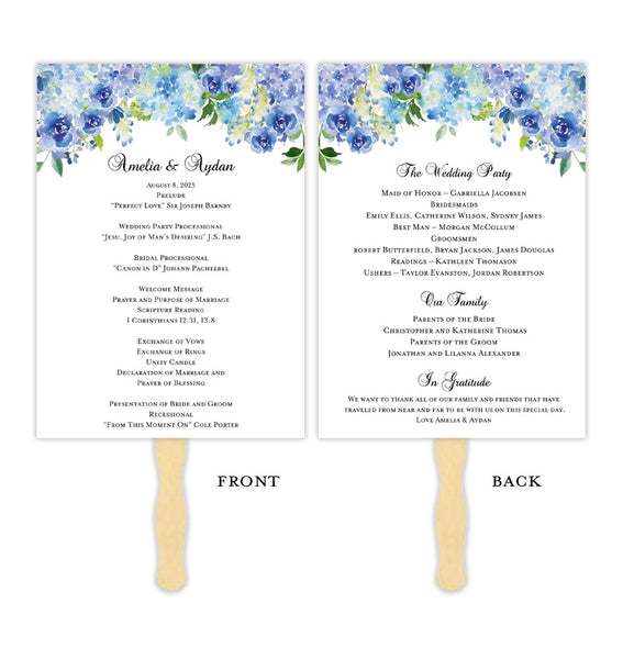 Wedding Program Fan Amelia Blue Roses Hydrangea Diy Wedding