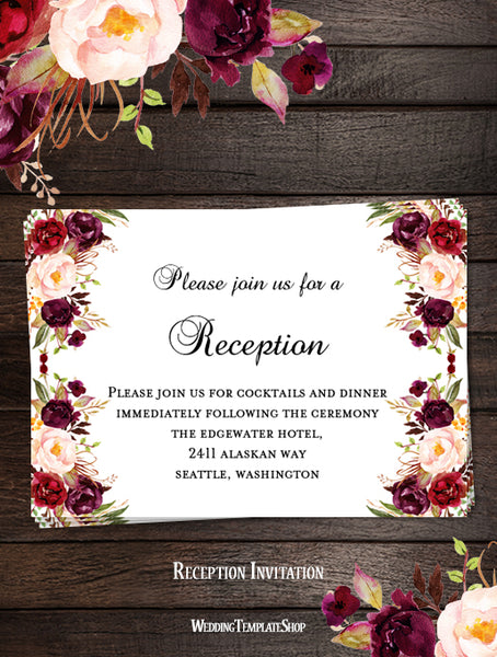 burgundy reception invitations romantic printable blush pink invitation templates marsala blossoms template stationery diy