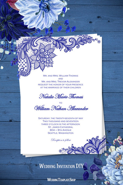 Vintage Lace Wedding Invitation Royal Blue - Wedding Template Shop