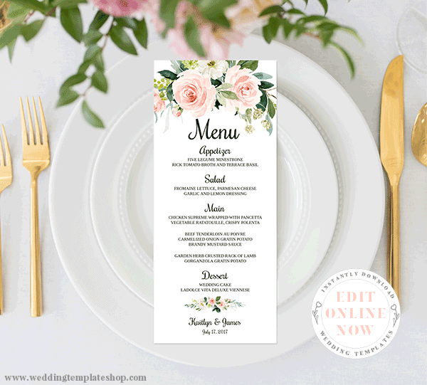 Wedding Reception Menu Templates Diy Stationery Cards Wedding