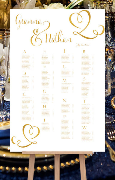 Wedding Seating Chart Poster Calligraphic Heart Gold Print Ready Digit Wedding Template Shop