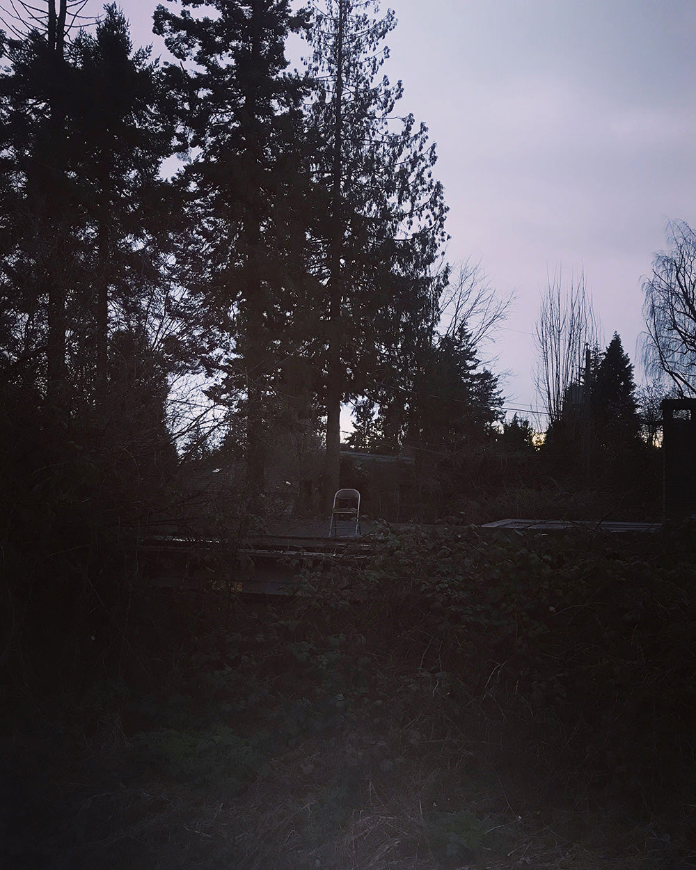SPITGAN WEBZINE #3 Photo 13. Photo from the Arbutus Street bike path of an abandoned chair on a old wooden garage roof twilight Vancouver, BC. Random weirdness