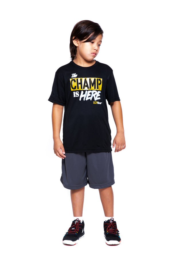 Kids The Champ Is Here Black w Gold/wht/gray (Performance Tee)