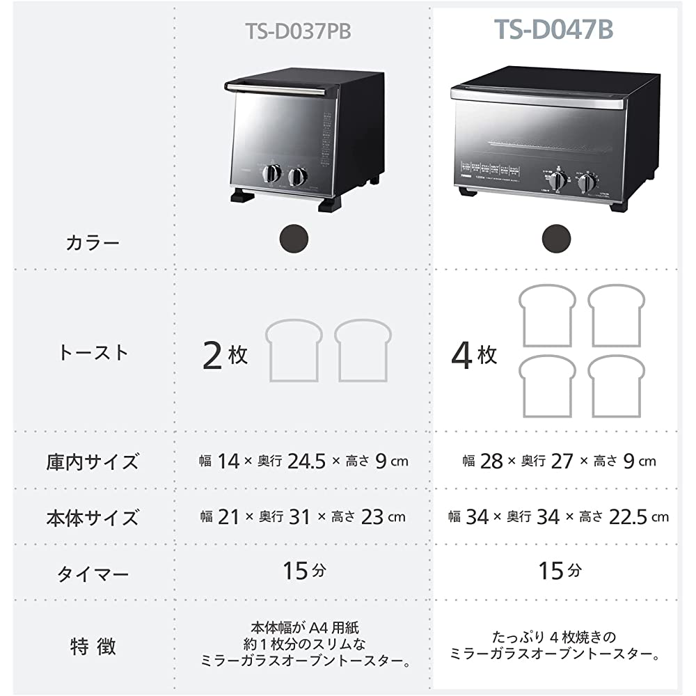 Twinbird TS-D047B Toaster Oven, 4 Piece Set, Switch Output (300W - 1200W),  Mirror Glass, Black