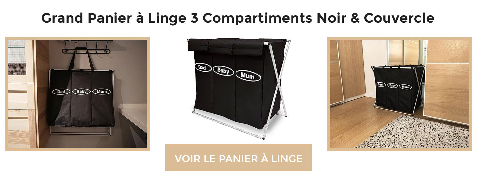 bannière Grand Panier à Linge 3 Compartiments Noir & Couvercle