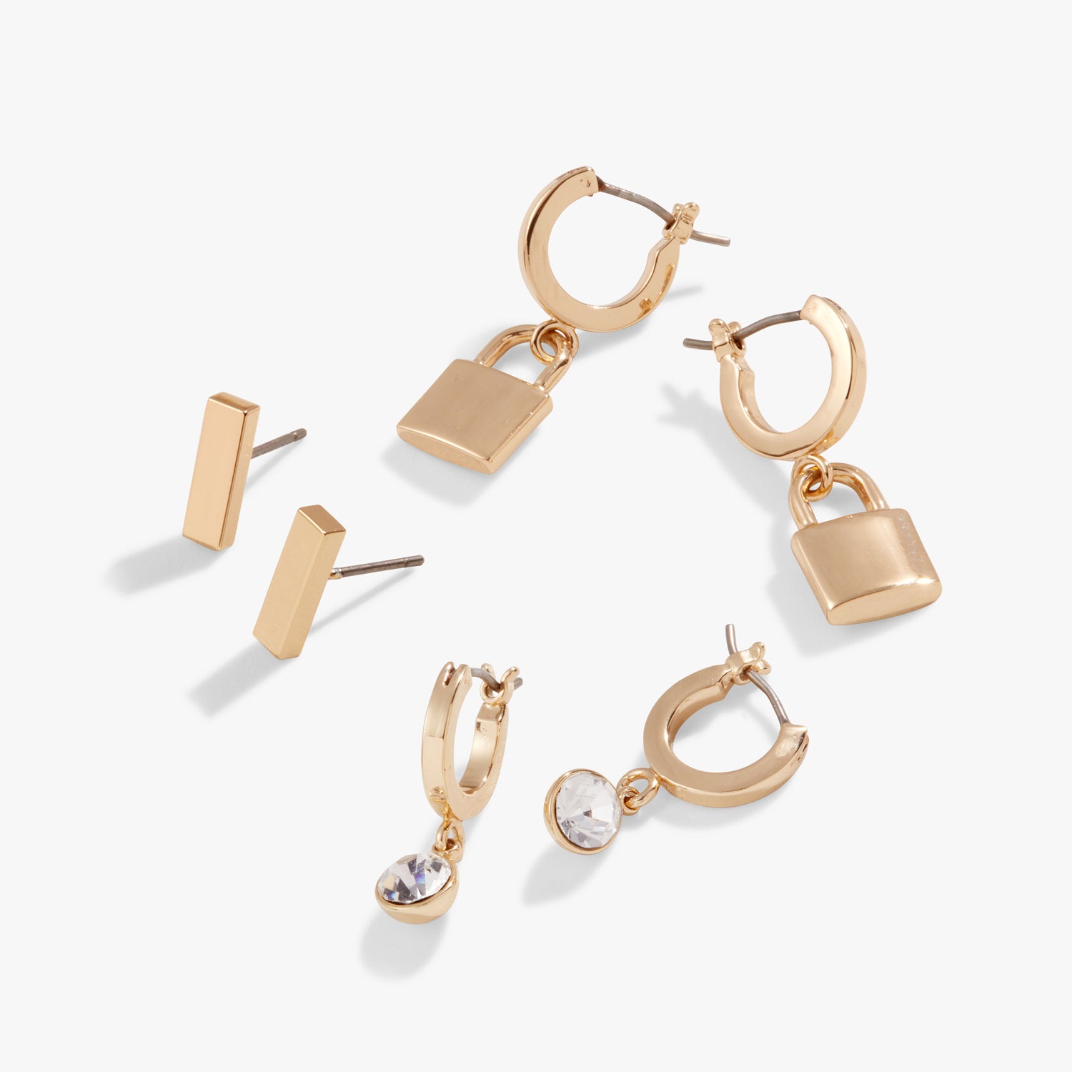 Lock + Crystal Earrings, Set of 3