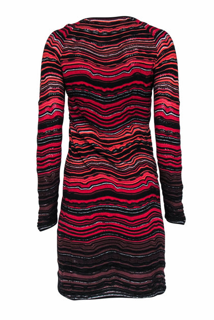 M Missoni - Red, Black & Coral Long Sleeve Knit Bodycon Dress Sz 6