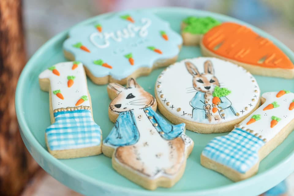 Peter Rabbit Birthday Decorated Cookies on Blue Plate Closeup