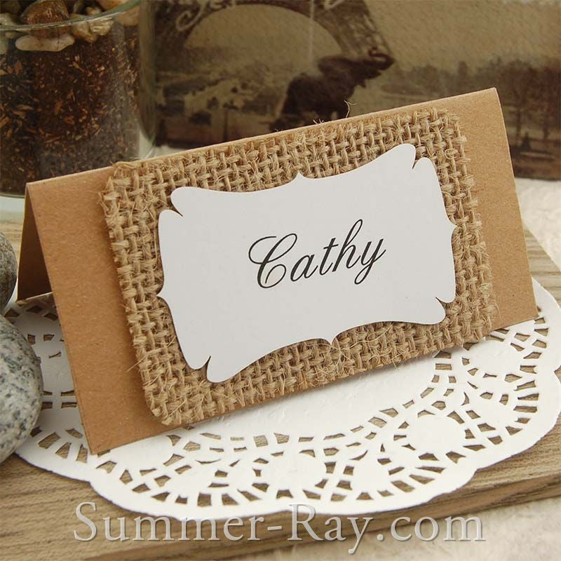 Personalized Kraft Burlap Place Cards For Rustic Hessian Country
