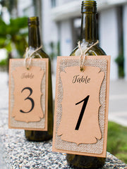 Handmade Table Number Kraft-Burlap-Kraft Triple Layer Wine Bottle Table Number Hang Tags for Rustic Weddings