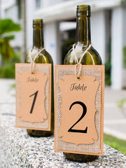 Handmade Table Number Kraft-Burlap-Kraft Triple Layer Wine Bottle Table Number Hang Tags for Rustic Weddings