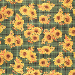 Autumn Elegance - Sunflower Plaid Green Metallic Yardage