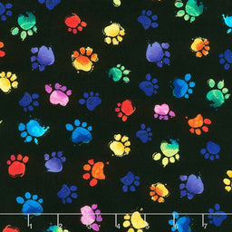Cats - Multi Colored Paws Black Yardage