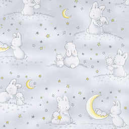 Little Star - Bunnies and Little Ones with Moons Grey Yardage