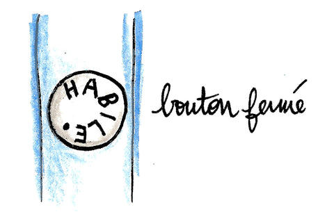 Un Dessin « HABILE » de la graphiste émilie thang pour illustré le dessins d'une pression de veste HABILE sur un fond crayonner bleu