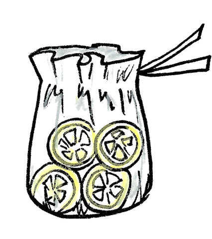Un Dessin « HABILE » de la graphiste émilie thang pour illustré le symbole une pochette en tissu avec 4 rondelles de citron sans pépin
