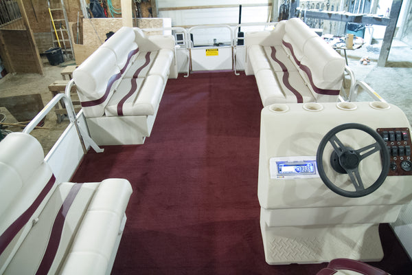 Rebuilt pontoon boat with replacement pontoon boat seats and flooring from PontoonStuff