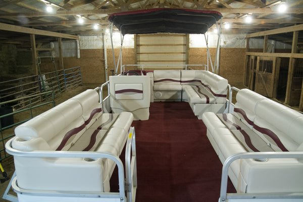 DeckMate Premium pontoon boat furniture in Ivory, Burgundy & Tan.