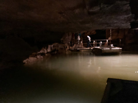 unloading from mystry river boat tour inside bluespring caverns indiana