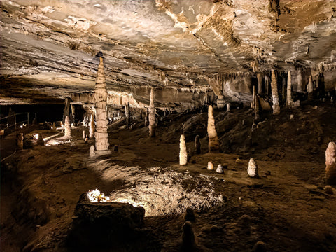 stalagmite totem poles along dripstone trail tour in marengo cave