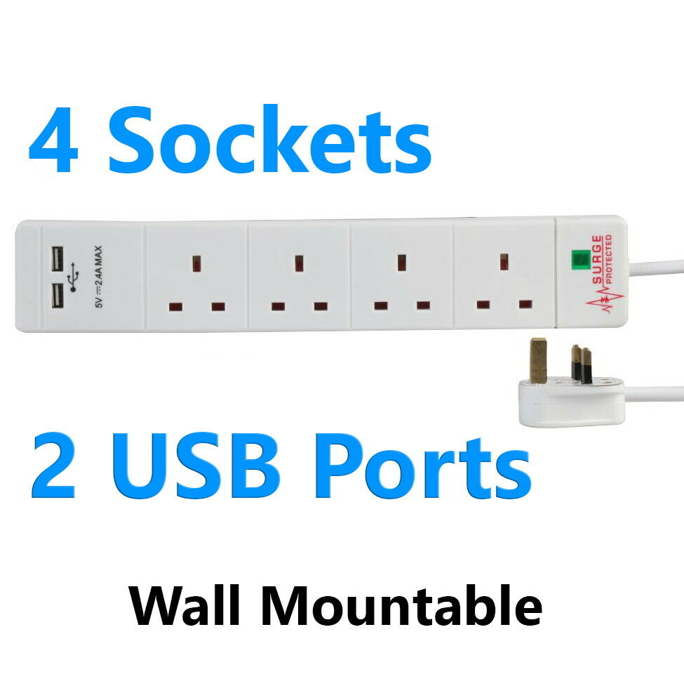White 4 Gang Multi Plug Socket with USB Surge Protected 4-Way Extension Lead 