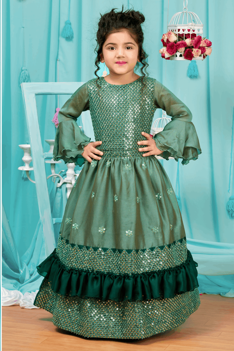 Green Shaded Sequins and Thread work Long Party Gown for Girls ...