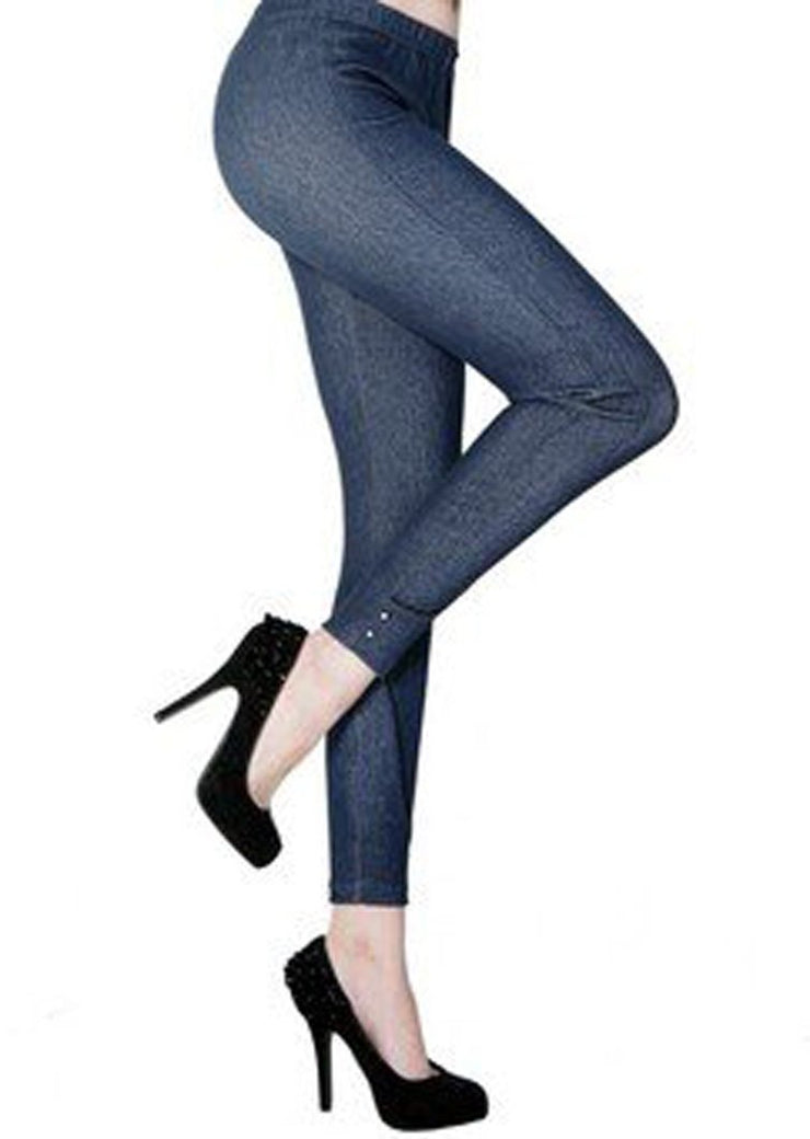 Side Ankle Rhinestone Studded Jeggings Navy Blue (Black)