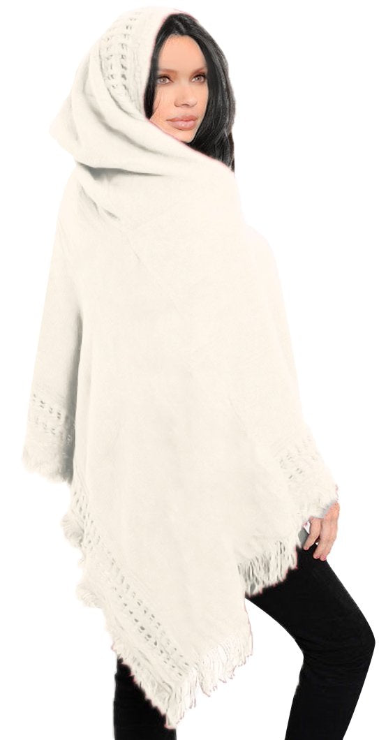 Women's Snug and Warm Crochet Hooded Fringe Wrap Shawl Poncho Cream