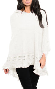 Women's Snug and Warm Crochet Hooded Fringe Wrap Shawl Poncho Cream