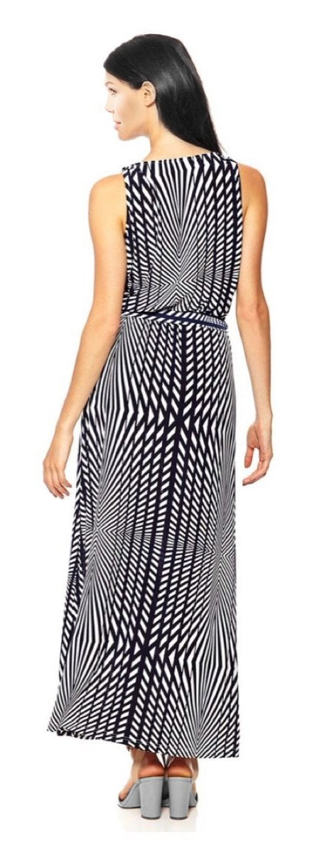 Striped Metal Embellished Sleeveless Belted Maxi Dress