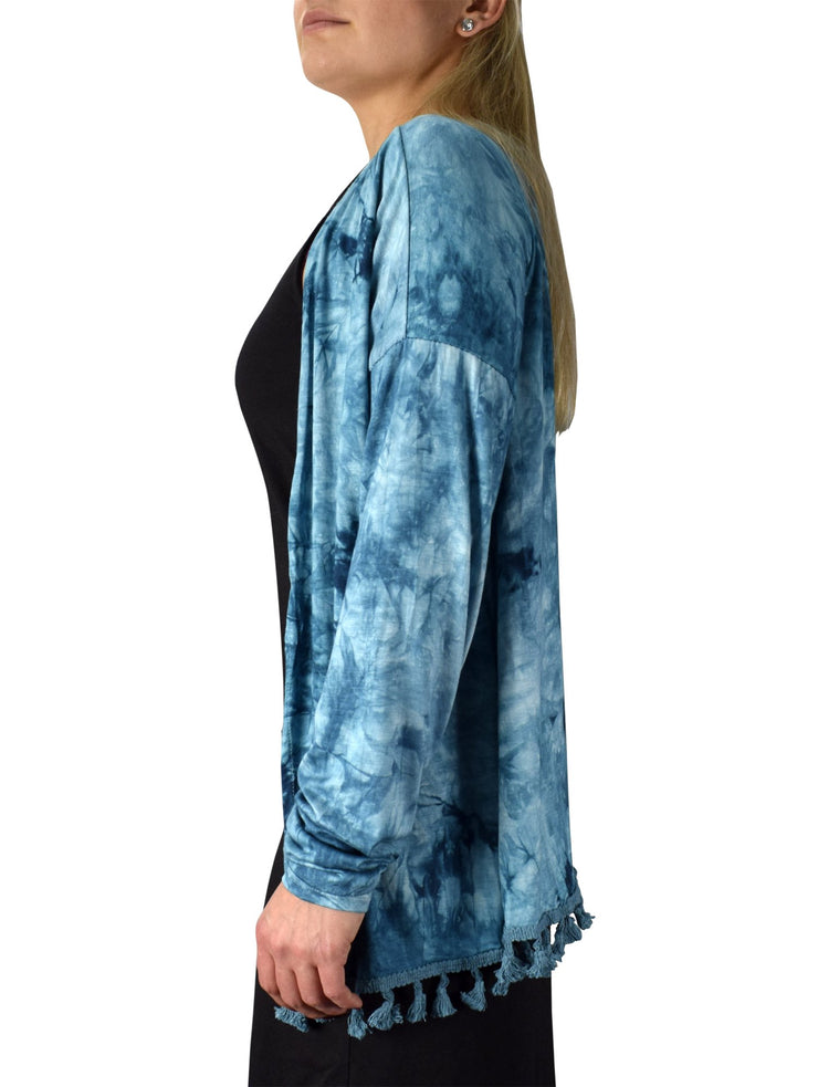 Tie Dyed Cascading Drape Asymmetric Hem Open Front Cardigan Top