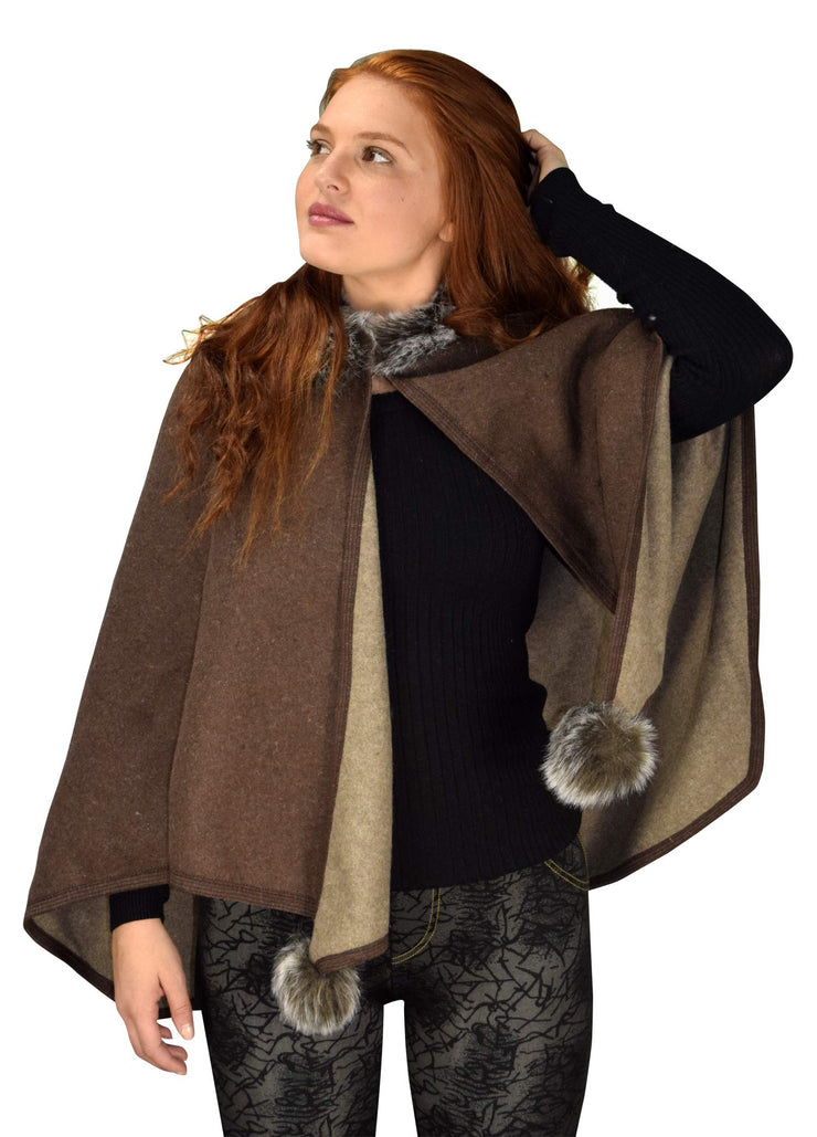 Womens Faux Fur Relaxed Fit Poncho Cape Pullover Sweater