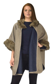 Womens Faux Fur Relaxed Fit Poncho Cape Pullover Sweater