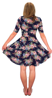 Womens Half Sleeves Rose Floral Print Princess Seam Skater Dress