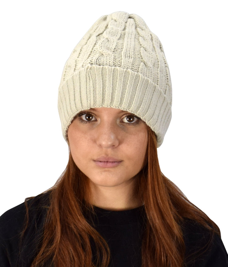 Double Layer Fleece Lined Unisex Cable Knit Winter Beanie Hat Cap