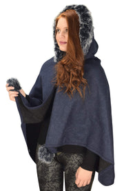 Womens Faux Fur Relaxed Fit Poncho Cape Pullover Sweater