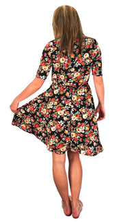 Womens Half Sleeves Rose Floral Print Princess Seam Skater Dress