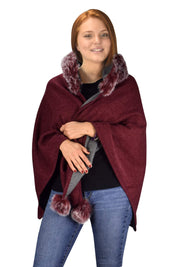 Womens Faux Fur Relaxed Fit Poncho Cape Pullover Sweater