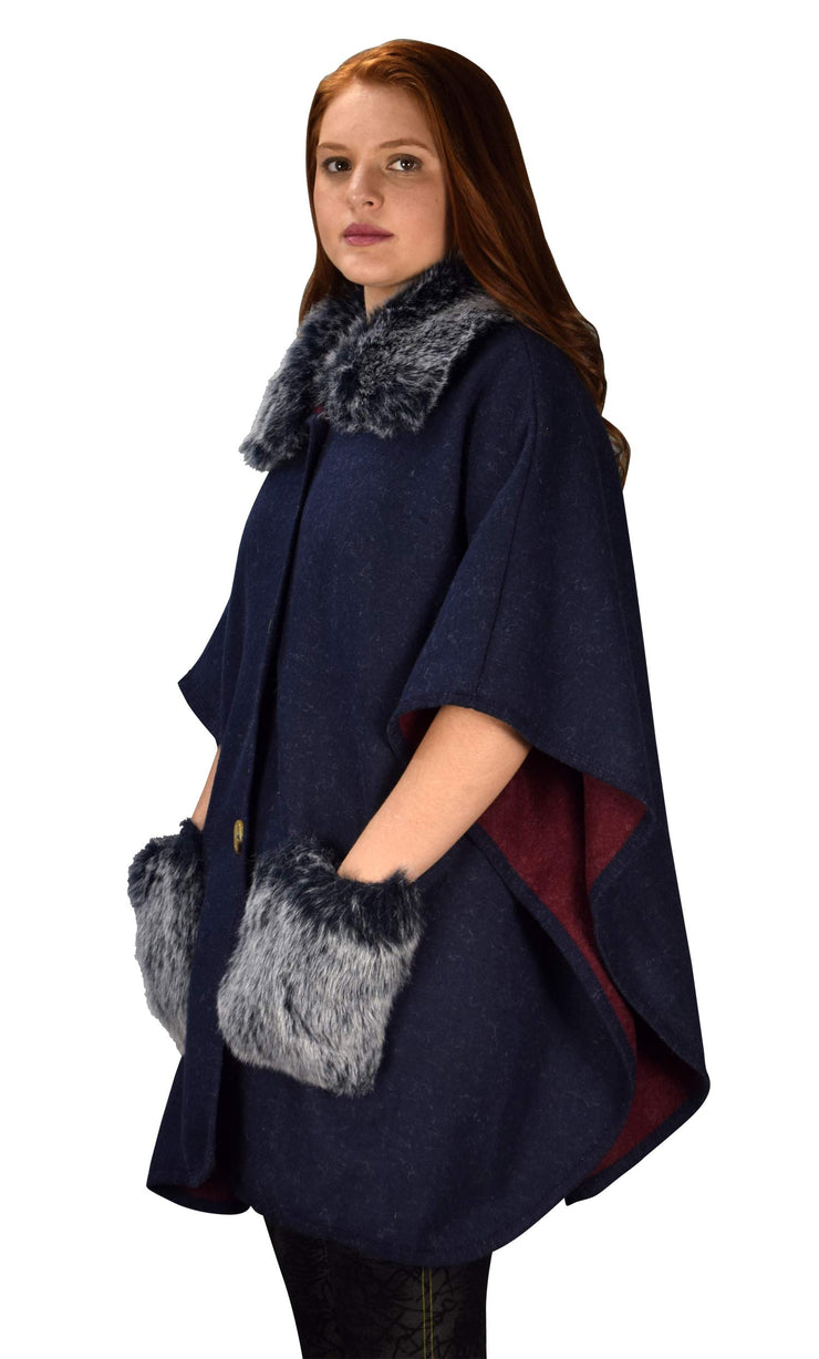 Faux Fur Large Pockets Relaxed Fit Pullover Warm Cover Up Poncho