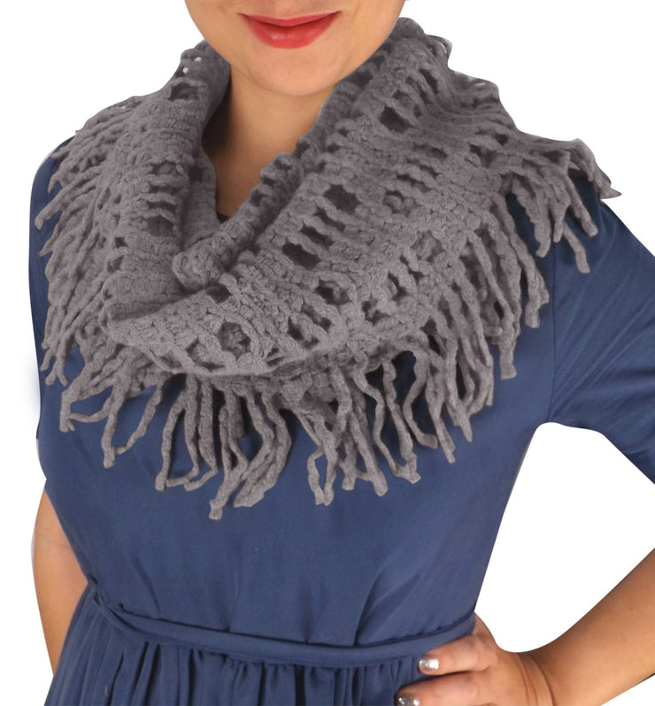 Winter Knitted Rectangular Pattern Long Fringe Warm Infinity Loop Scarf