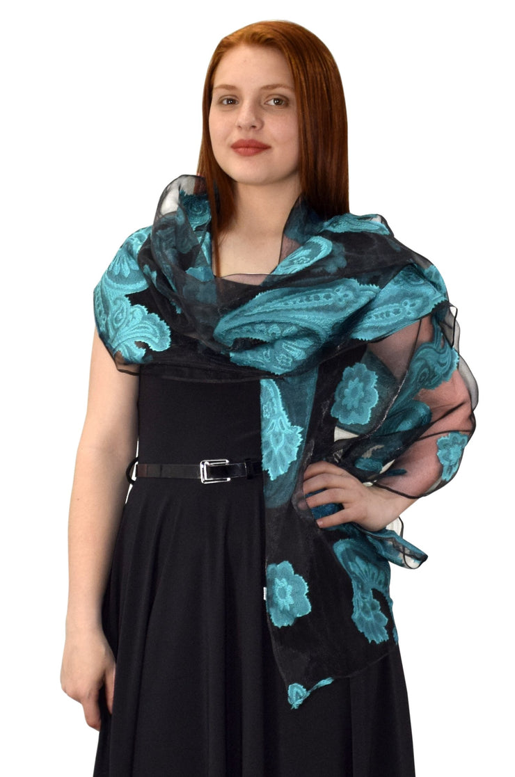 Lightweight Sheer Embroidered Paisley Burnout Summer Scarf Black Teal