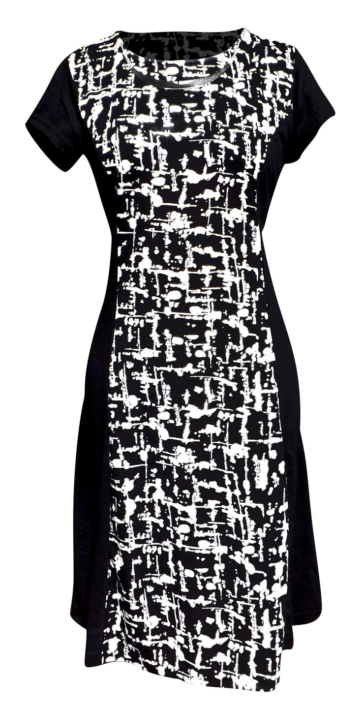 crittendenwayapartments Elegant Black and Multi Print Short Sleeve Loose Mini Shift Dress