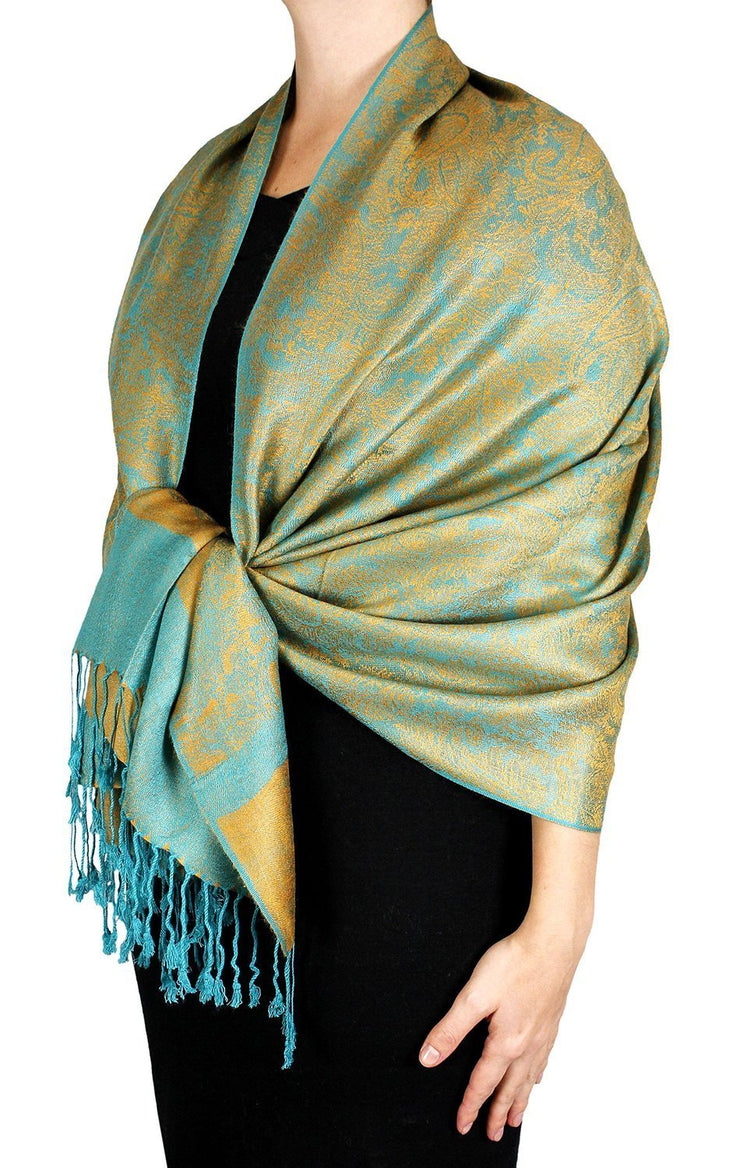 Teal/Gold veritasfinancialgrp Elegant Vintage Two Color Jacquard Paisley Pashmina Shawl Wrap