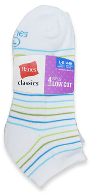 Hanes Girl's Low Cut 4 Pair Value Pack Striped Colorful White Socks Size 4-10