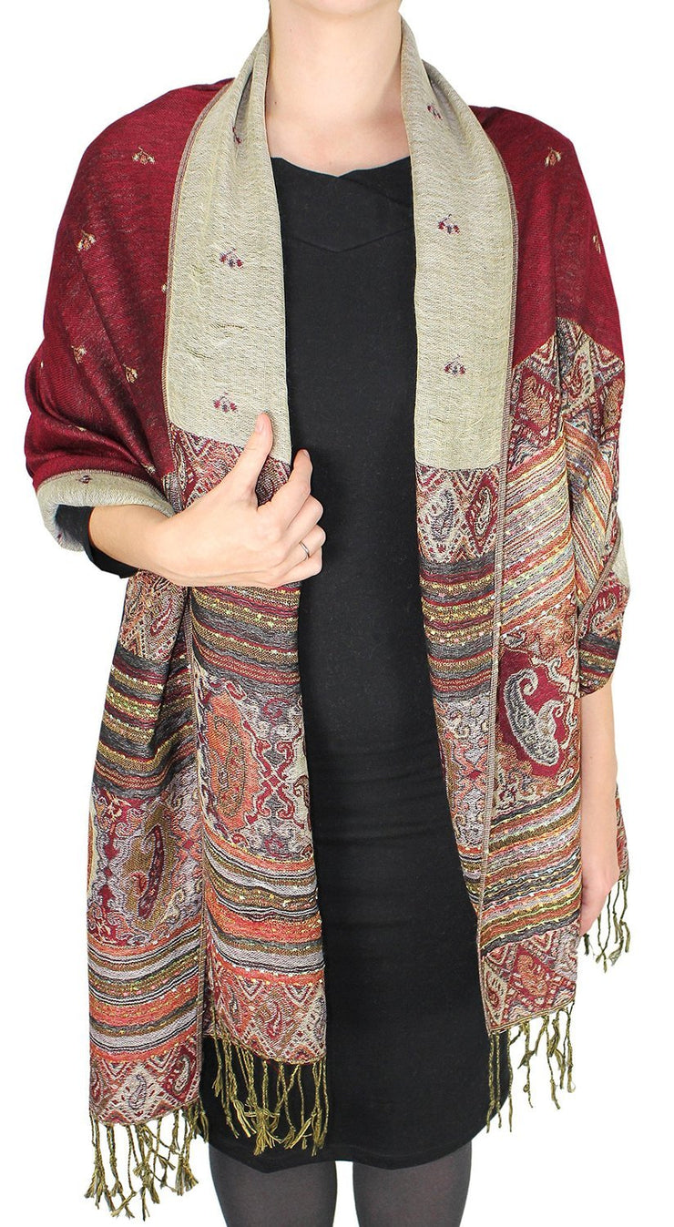 Ethnic Design Tribal Border Reversible Bohemian Pashmina Shawl Scarf Stole Wrap