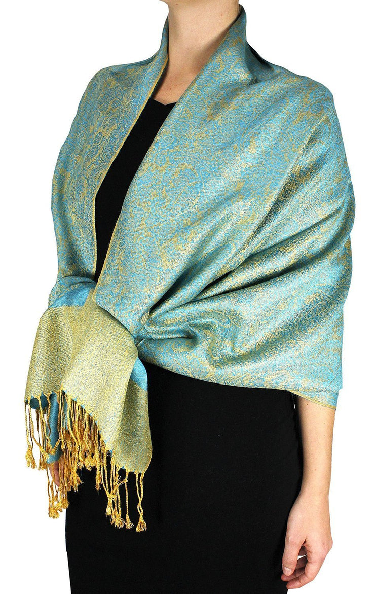 Turquoise/Gold veritasfinancialgrp Elegant Vintage Two Color Jacquard Paisley Pashmina Shawl Wrap