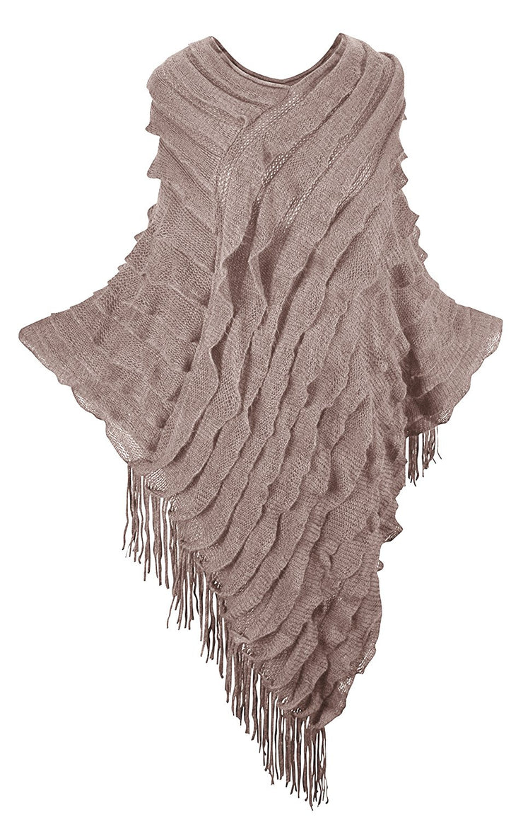 Women's Light Trendy Ruffle Batwing with Fringe Shawl Wrap Poncho