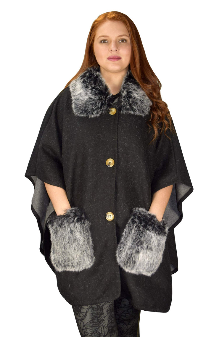 B8996-Poncho-Shawl-Fur-BlackGrey-OS