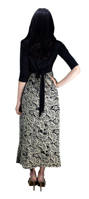 Womens Casual Summer Black Paisley Elastic Waist Maxi Long Dress